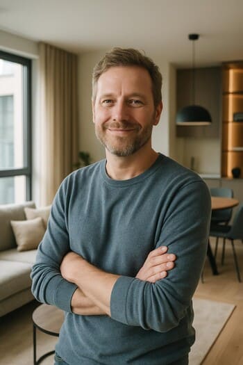 Yumşaq işıqda şəhər mənzilində gülümsəyən müştəri portreti