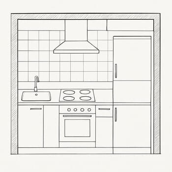 Yığcam mətbəx üçün əl ilə çəkilmiş plan eskizi