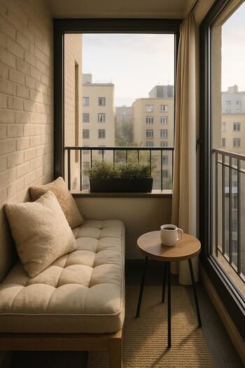 Şəhər mənzərəsinə baxan kiçik, rahat balkon küncü