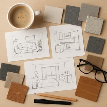 Masa üzərində interyer eskizləri və qeydlərlə dizayn konsultasiyası