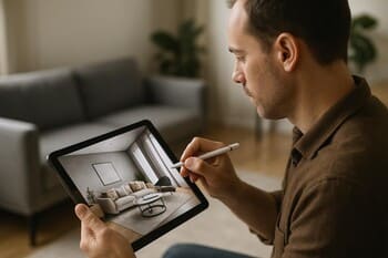 Dizayner planşetdə qonaq otağı vizualı üzərində işləyir