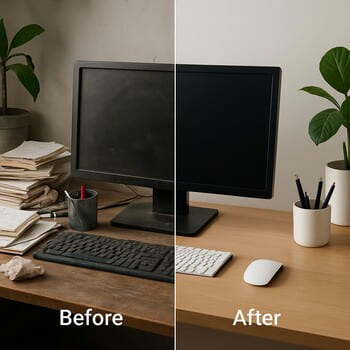 İş masasının detalları: əvvəl və sonra yığcam təşkil olunmuş səth