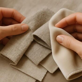 Parça nümunələrinə toxunan əllərin detalla görüntüsü