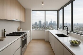 Mətbəx və qonaq otağı arasında şəhər mənzərəsi ilə keçid