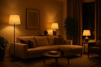 Axşam üçün isti lampalarla işıqlandırılmış qonaq otağı