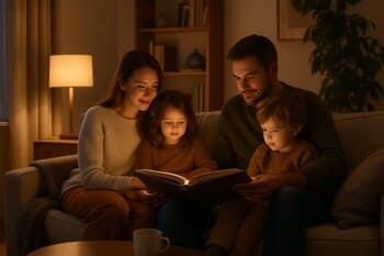 Ailə axşamı üçün oxu küncü olan qonaq otağı