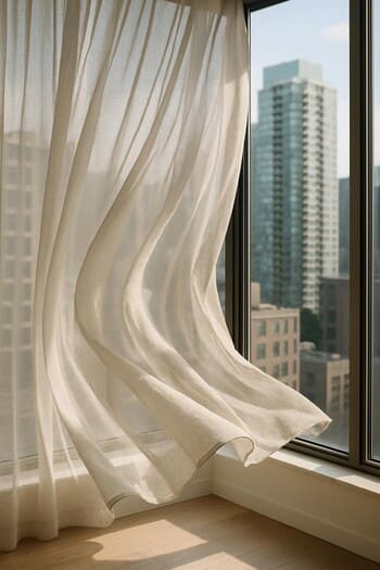 Şəhər mənzərəsi fonunda açıq kətan pərdələr