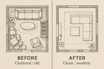 Qonaq otağının əvvəlki planı və xəttlər ilə eskiz