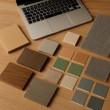 Bakıda ofis masasında material və rəng nümunələri