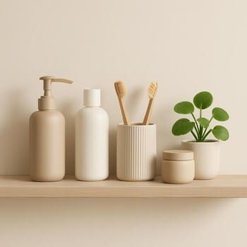 Yumşaq tonlarda minimal vanna otağı rəfi