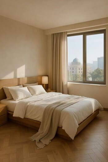 Bakıda səhər işığı ilə dolu minimal yataq otağı