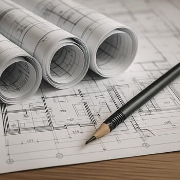 Bükülmüş planlar və qələm detalla görüntüsü