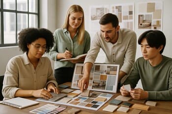 UrbanNest komandasının material nümunələri ilə işlədiyi studiya masası