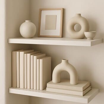 Kitablar və keramik qablarla dekorativ rəf küncü