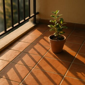 Balkon döşəməsində terrakota plitələr və yumşaq kölgələr