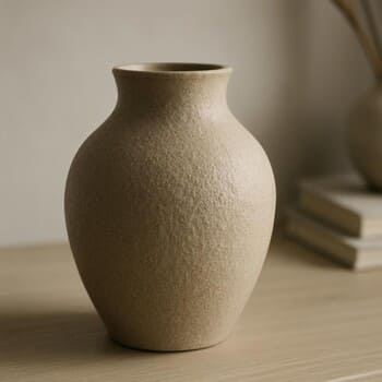 Yumşaq işıqda teksturalı keramik vaza və interyer detalı