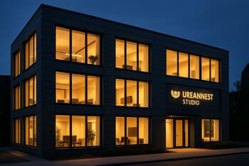 Axşam vaxtı UrbanNest Studio studiyasının fasadı