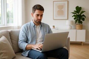 Qonaq otağında noutbukla işləyən gənc şəhər peşəkarı