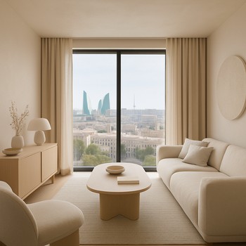 Bakı şəhər mənzərəsi ilə yumşaq bej tonlarda qonaq otağı