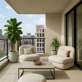 Gün işığında yumşaq kreslolarla balkon lounge zonası