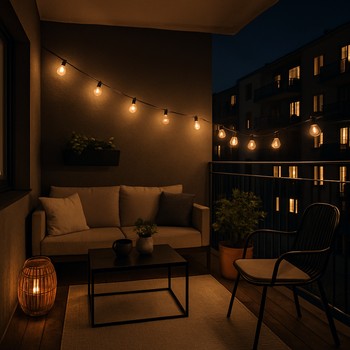 Axşam led işıqları ilə işıqlandırılmış balkon və şəhər mənzərəsi