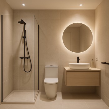 Yüngül bej plitələrlə işıqlı vanna otağı interyeri