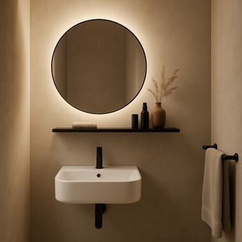 Kiçik lavabo, güzgü və rəf ilə vanna otağı küncü