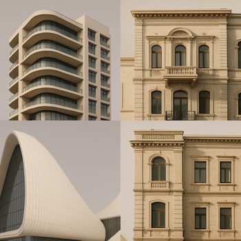 Şəhərdə fərqli tipik binaların fasad kollajı
