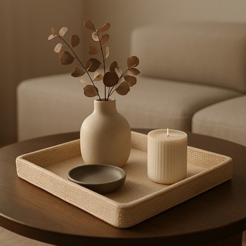 Qəhvə masasında tray, şam və kitablarla dekor kompozisiyası