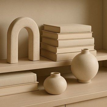 Kitablar və keramik qablarla stil verilmiş rəf küncü