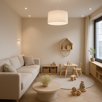 Qonaq otağında oyun küncü olan ailə interyeri