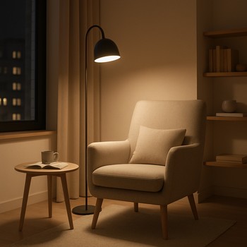 Kreslo, döşəmə lampası və kiçik masa ilə sevilən künc kadrı