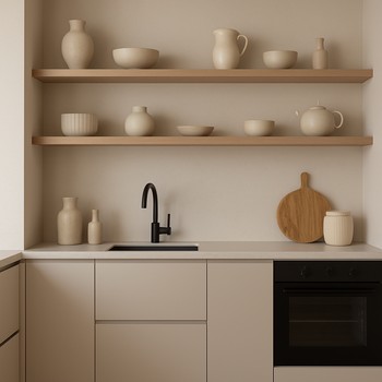 Açıq rəflərdə keramik qablar və stəkanlarla mətbəx detalı