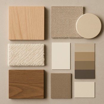 Neytral tonlarda plitə, parça və taxta nümunələri ilə material board