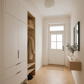 Köhnə binada yenilənmiş, işıqlı və səliqəli koridor