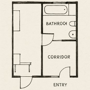 Giriş, vanna otağı və koridor üçün yığcam plan eskizi