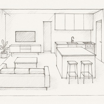 Qonaq otağı və mətbəx üçün açıq plan eskizi