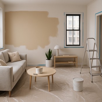 Qonaq otağında divarların rəngləndiyi layihə gedişatı kadrı