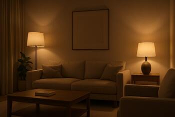 Axşam lampalarla işıqlandırılmış qonaq otağı interyeri