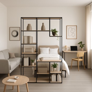 Studiya tipli mənzildə zonalara ayrılmış əsas otaq