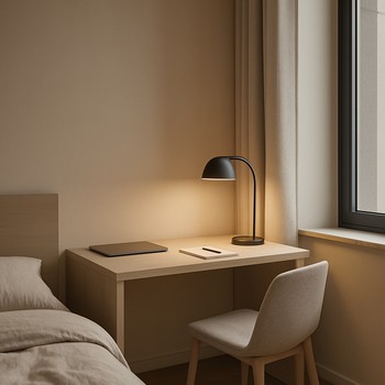 Yataq otağında lampa və kiçik masa ilə iş guşəsi
