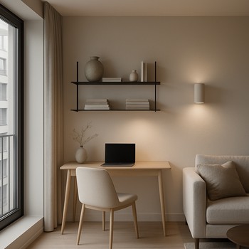 Qonaq otağında rəf fonu olan yığcam iş guşəsi