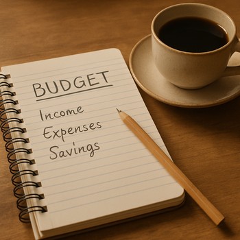 Masanın üzərində layihə qeydləri və qəhvə fincanı ilə büdcə planı