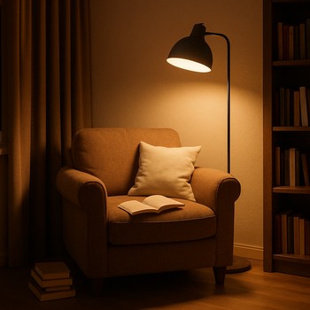 Axşam oxu üçün döşəmə lampalı kreslo küncü