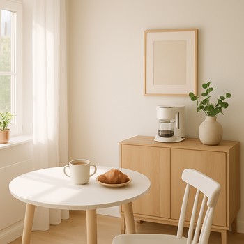 Səhər qəhvəsi üçün pəncərə kənarında kreslo və kiçik masa