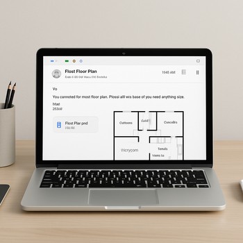 Masanın üzərində noutbuk, plan və e-mail pəncərəsi ilə iş səhnəsi