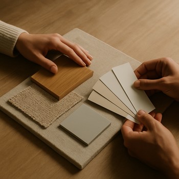 Material board masasında palitra müzakirəsi və qeydlər