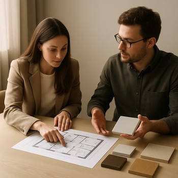 Studiyada masa ətrafında interyer məsləhəti görüşü