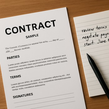 Masanın üzərində layihə müqaviləsi və qeydlər