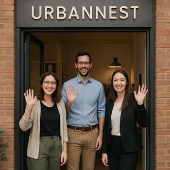 UrbanNest Studio komandası studiyada kamera qarşısında əl yelləyir